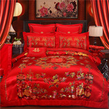 民族风新婚喜庆龙凤百子图被套绸缎婚庆四件套大红色结婚床上用品