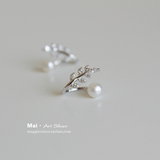天然珍珠锆石橄榄叶s925纯银耳钉气质简约甜美女防过敏日韩国耳环
