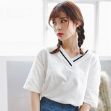 韩版夏装女宽松螺纹V领学院风条纹短袖白色T恤女大码简约体恤上衣
