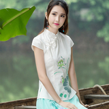 2016年春夏新款民族风女装修身复古印花棉麻中国风旗袍上衣女衬衫