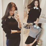 森马女装2015冬装韩版新款学生娃娃领拼色长袖套头宽松针织衫毛衣