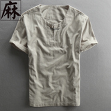 2016夏装新款男士衬衫复古中国风盘扣短袖薄款棉麻料衬衣宽松衬衣