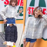 2016夏季新款韩版学院风棉麻格子衬衫宽松蝙蝠袖防晒衣女学生衬衣