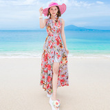 海边度假波西米亚沙滩裙大码显瘦挂脖露背连衣裙海岛旅游长裙子夏