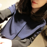 韩国蓝黑拼色不规则拼接厚雪纺撞色polo领翻领打底外穿长袖衬衫女