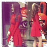 秋冬季长袖连衣裙明星佟丽娅同款大红色中长款高腰打底针织a字裙