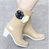 2015韩版时尚高跟雨鞋山茶花装饰果冻色中筒水靴套鞋胶鞋女士水鞋