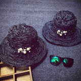 韩国夏季黑色优雅珍珠花朵大檐折叠礼帽渔夫帽防晒遮阳帽女潮帽子