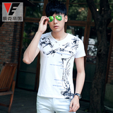 VE/威克帝国2016夏男装时尚泼墨设计韩版修身男士V领印花短袖T恤