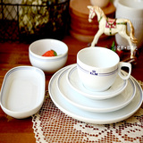 小象家杯碟碗套装水杯碟子家用蓝条纹餐具套装泡面碗白瓷餐具