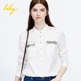 Lily2016秋季新品115320H4126纯色钉珠装饰长袖衬衫
