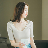 韩国代购夏装新款韩版修身性感针织卷边中袖休闲短袖T恤上衣女装