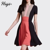 Hego2016夏季欧美OL气质撞色修身高腰A字短袖连衣裙短裙女