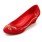红色结婚鞋新款韩版浅口淑女鞋新娘鞋尖头平底坡跟单鞋女鞋子
