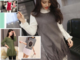 2015春秋韩版女中长款流苏大码针织衫 花边木耳领衬衫袖毛衣外套