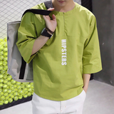 欧美港风2016春夏新款男士七分袖T恤日系韩版字母半袖宽松蝙蝠衫