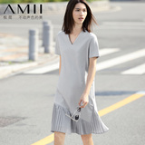 Amii2016春夏季新款女装百褶拼接雪纺下摆纯棉短袖连衣裙中长裙子