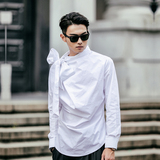 韩版潮男时尚造型大领结休闲宫廷气质套头修身衬衣中长款长袖衬衫
