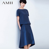 amii夏季圆领短袖大码纯色中长裙修身中腰套头新款单件女连衣裙