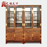 红木古典家具 鸡翅木玻璃双层书柜 红木陈列柜 实木储物柜书架柜