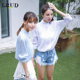 LRUD2016夏装新款韩版立领条纹衬衫女宽松百搭单排扣休闲长袖衬衣