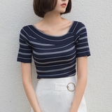 黑白条纹针织衫短袖女2016新款套头韩版修身显瘦休闲上衣夏季学生