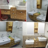 欧式小户型儿童高低台上双盆浴室柜组合洗手脸盆橡木实木卫浴吊柜