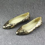 新款金色银色石头纹牛皮平底尖头单鞋软皮平底鞋全真皮女鞋船鞋