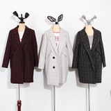 2016春款新女装韩版宽松大码格子茧型外套西装女士中长款廓形大衣