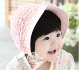 韩国版宝宝公主镂空花边盆帽 春夏季儿童渔夫帽 玫瑰纯棉遮阳帽子