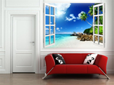 包邮海景假窗户贴墙贴 沙滩椰树壁纸贴画装饰 电视背景墙装饰画