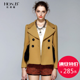 HONB红贝缇冬季新款短款波浪领羊毛呢子外套毛毛口袋短大衣W34013
