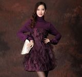2016秋冬装伊悦卓雅羊毛针织高领连衣裙高贵紫色欧根纱花朵蓬蓬裙