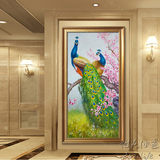 油画手绘孔雀竖幅欧式玄关走廊过道书房中式风水纯手工装饰挂壁画