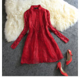 MIUCO欧洲站秋冬季新款女装迷人酒红色薄纱拼接蕾丝A字廓形连衣裙