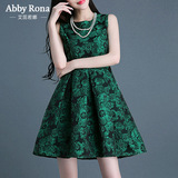 Abby Rona夏季新款时尚复古印花连衣裙中长款名媛优雅提花蓬蓬裙