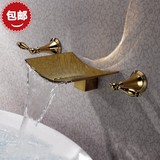 新款包邮全铜三件套镀金色瀑布入墙暗装冷热双把手面盆浴缸水龙头