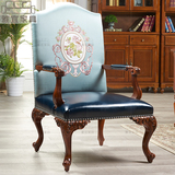 新古典实木书椅 时尚PU皮休闲椅 样板房别墅书房带扶手靠背沙发椅