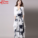 棉麻连衣裙2016夏季新款韩版女装修身显瘦长裙两件套印花套装裙子