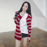 2015韩国东大门女装秋季新款彩色条纹长袖插袋开衫中长针织衫