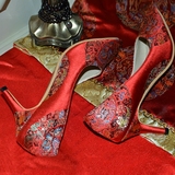 2016新款超高跟红色新娘鞋中式旗袍结婚鞋性感龙凤绸缎女鞋小红鞋