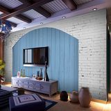 蓝色地中海大型壁画木纹砖纹砖墙假窗户壁纸咖啡厅餐厅主题房墙纸
