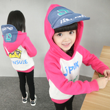 香港靓妞女童装韩国秋季蜡笔涂鸦印卡通带帽绒衫儿童加绒套头卫衣