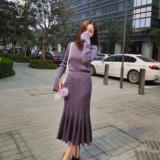 2016秋冬女装韩版新款针织衫包臀鱼尾长裙两件套装修身长款连衣裙