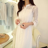 春夏款白色镂空蕾丝长裙套装修身 连衣裙女 韩版衬衫裙两件套批发