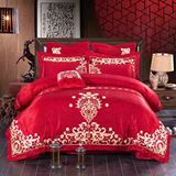 艾宜居高端奢华婚庆贡缎提花十件套欧式大红全棉刺绣结婚床品1.8m