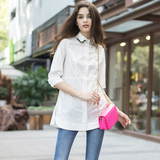 2015秋装新款韩版白色纯棉衬衫女时尚休闲中长款打底衬衣中袖上衣