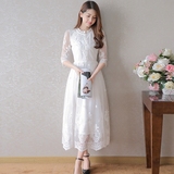 ATAR2016夏季新款连衣裙长裙 韩版七分袖白色修身蕾丝网纱仙女裙