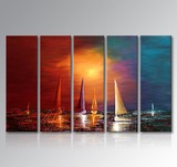 纯手绘无框油画客厅卧室现代五联组合风景装饰画五拼抽象帆船套画