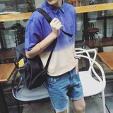 韩国东大门夏季短袖T恤男士翻领韩版潮学生修身夏季渐变半袖潮流